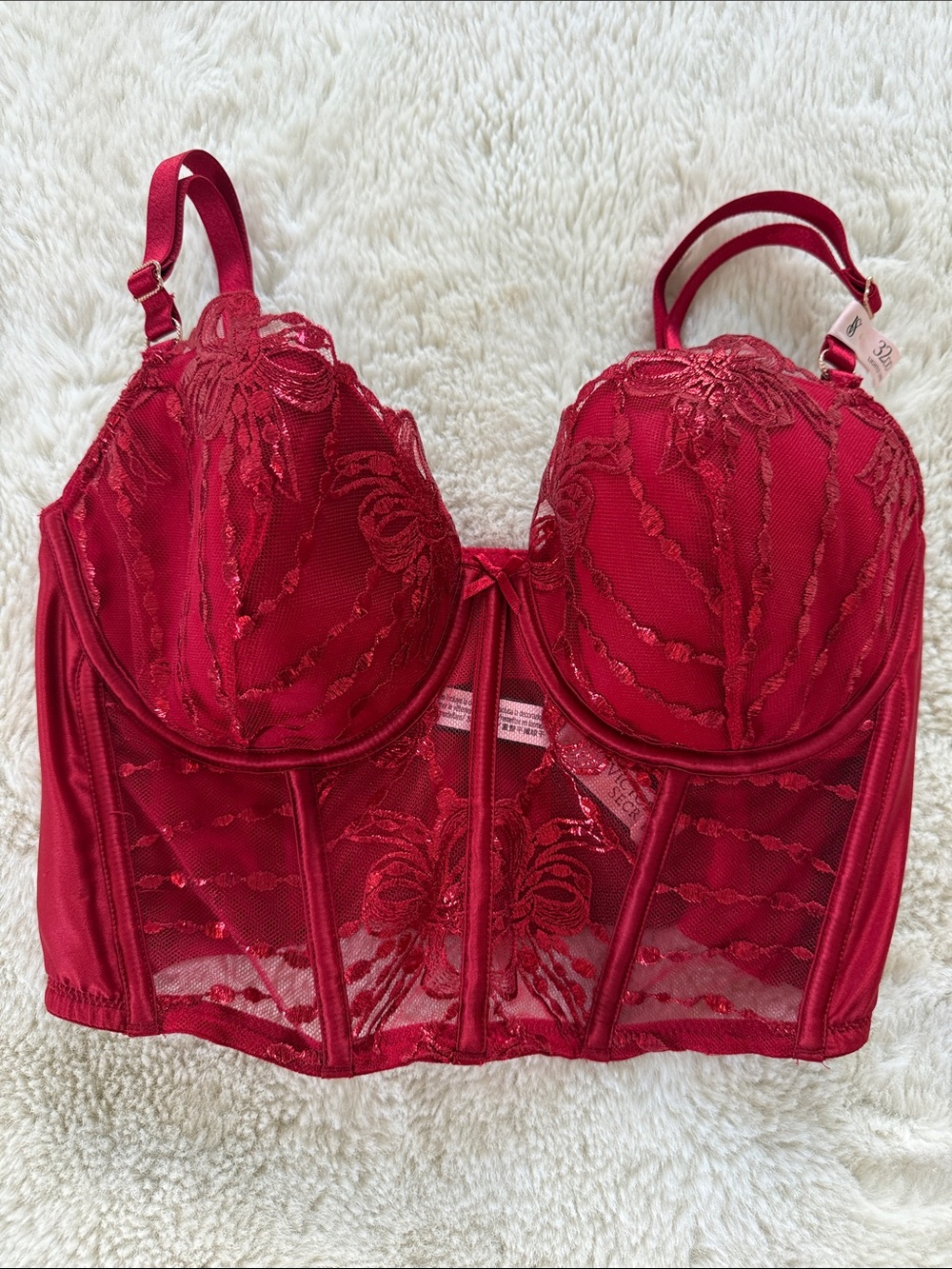 Victoria Secret Dream Angels Red Shimmery lace Corset Bra Bustier Top 32DD NWT